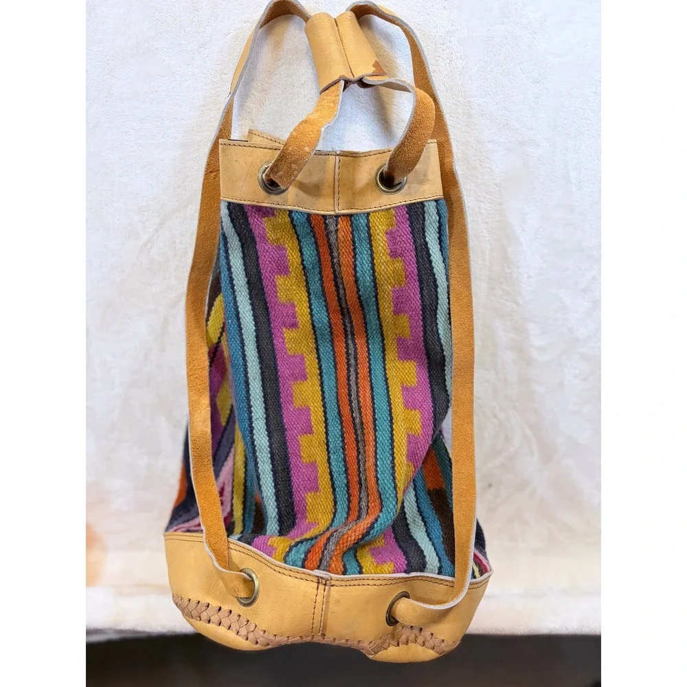 Vintage Multicolor Woven Wool Leather Trim Bohemian Rucksack